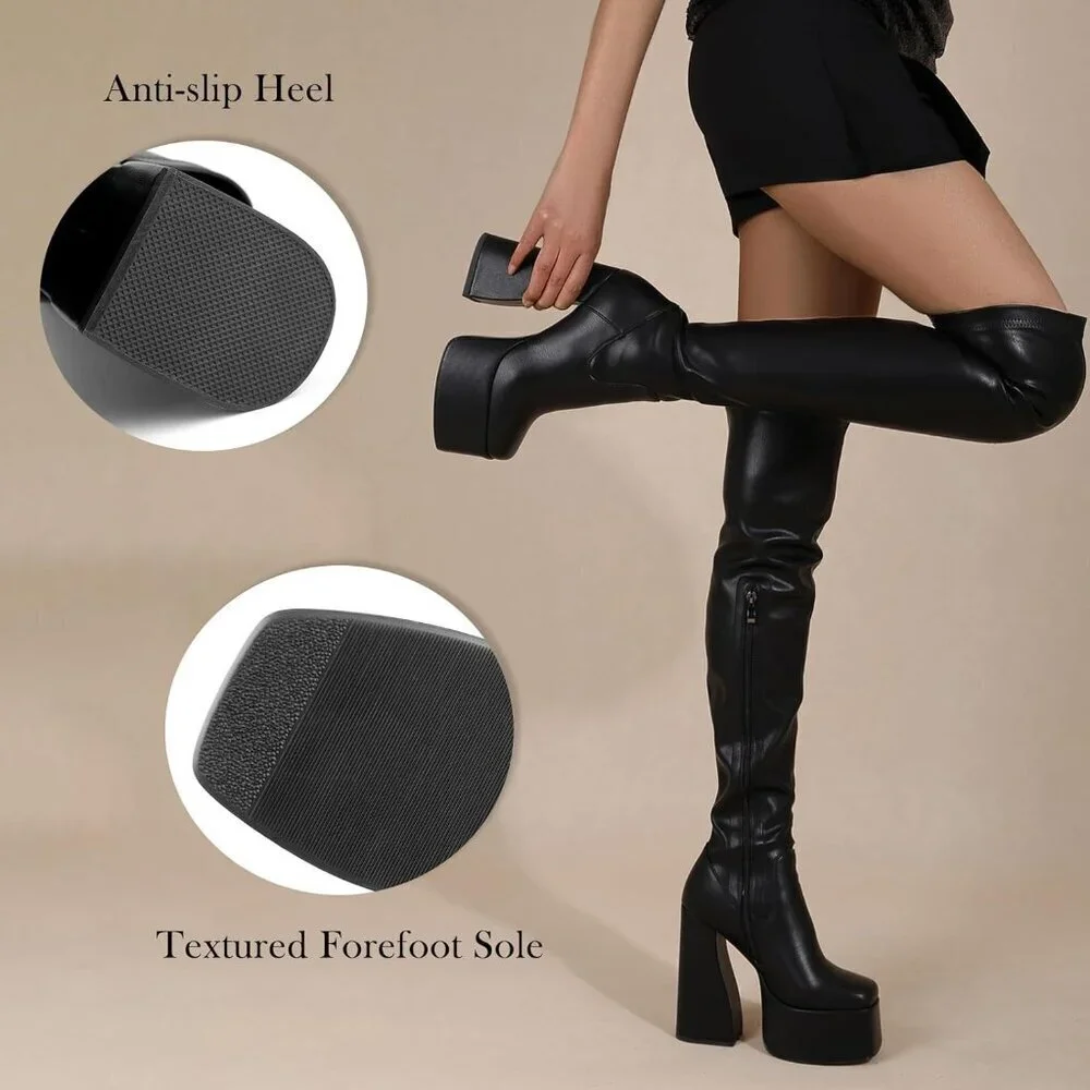 Women Black Synthetic Thigh High Boots Chunky Block Heels Over The Knee Boots
